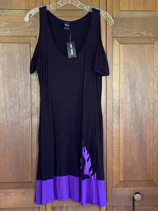 Hot Topic Dresses & Skirts - 🏷️ Disney Maleficent Black Cold Shoulder Dress w/Purple Hem & Maleficent Image